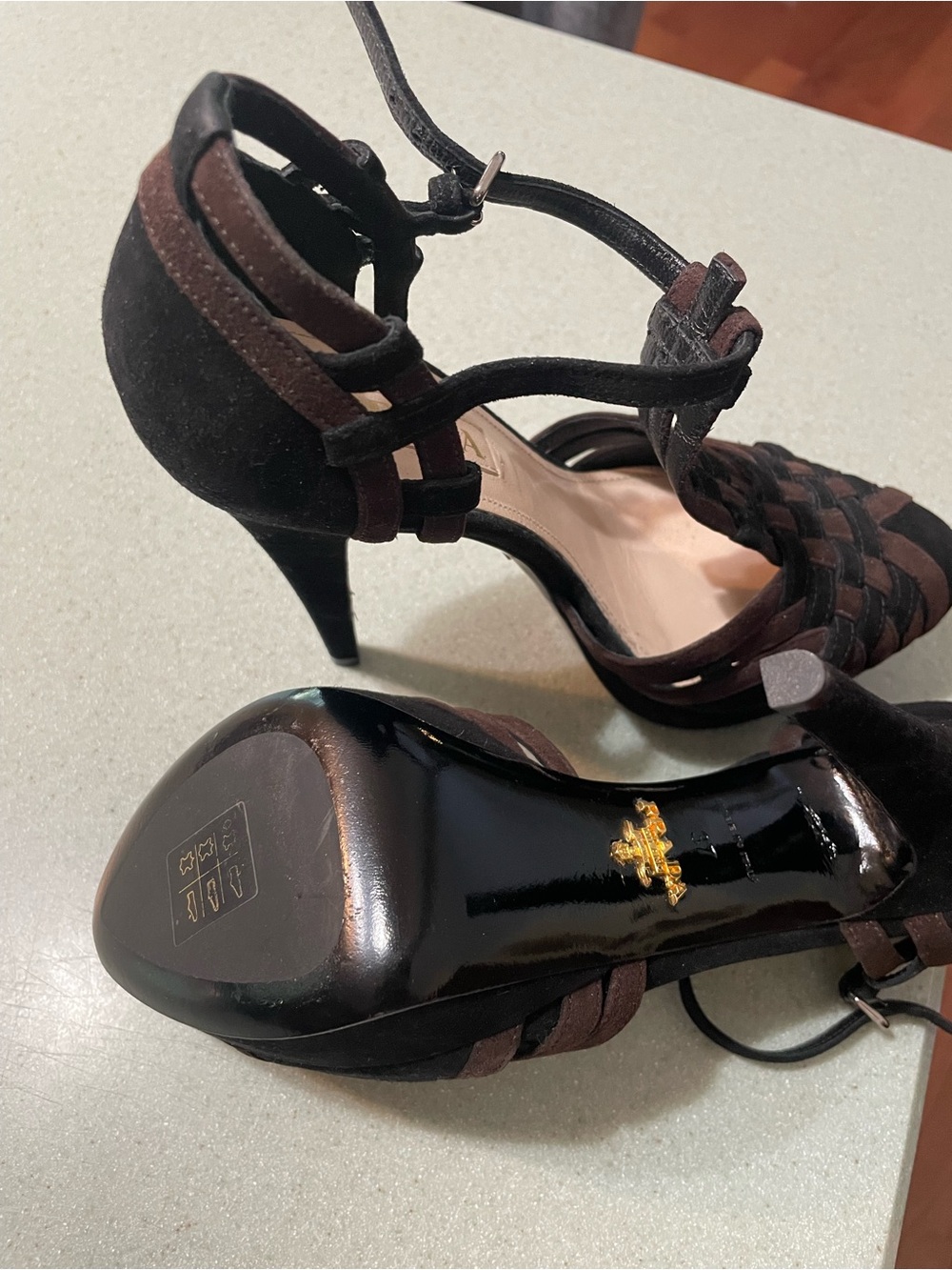Prada Dark Brown Woven Suede Ankle-Strap Heels